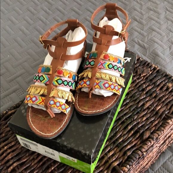 SAM EDELMAN Lanai Embellished Strappy Flat Sandals In Saddle - Picture 3 of 14